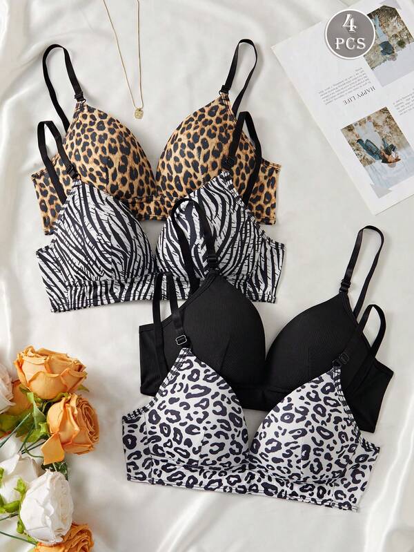 4pcs/Set Women's Leopard Print Adjustable Strap French Custom Cup Bra Set