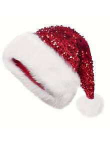 1pc Christmas Santa Claus Oversized Thick Plush Hat, Christmas Decor Atmosphere Hat, Double Layer Sequin Hat, Fashionable Oversized Thick Plush Hat