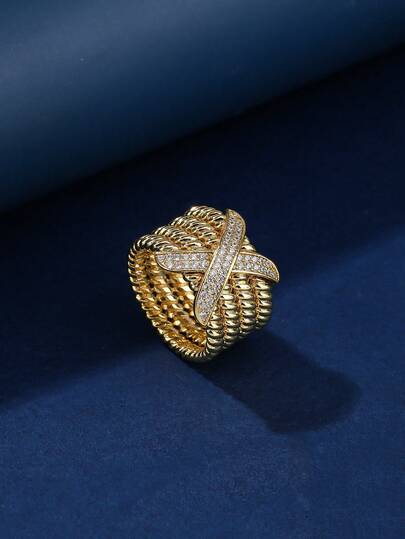 1pc Twisted Copper Material Fashionable Unisex Ring With Gold-Plating, Zirconia Decorated Letter X For Women