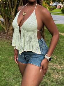 Tyla Gomez 钩针编织夏季度假沙滩露背上衣，粉色女款，露背上衣 - 薄荷綠 - 查看 5