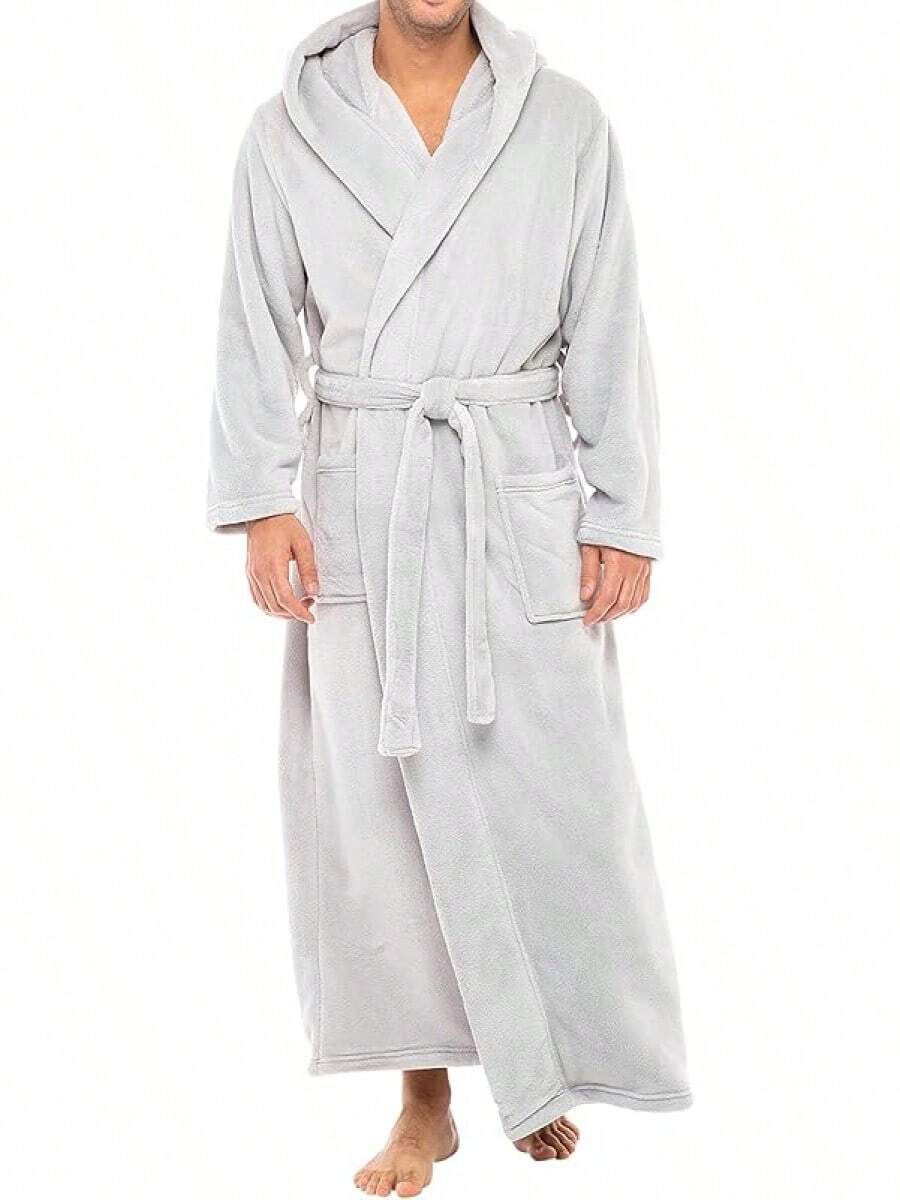 Mens Robe With Hood, Plush Fleece Hooded Mens Bathrobe, Big And Tall Bath Robe For Menhalloween - Light Grey - View 1