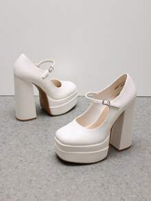 Women's Mary Jane Platform Chunky High Heels Pumps Solid Color Weddings Banquets Christmas Y2K Shoes For Fall And Winter - trắng - Xem 5
