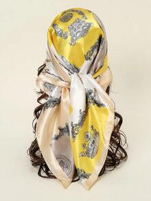 Printed Satin Scarf – 1pc 90cm Square Bandana, Elegant Hair Wrap Or Neck Scarf For Women - 黃色 - 查看 7