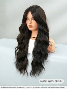 24 Inch Long Wavy Black Wig With Curtain Bangs For Women Heat Resistant Fiber Hairpiece,Natural Synthetic Full Machine Hair Wigs For Daily Music Festival Party Wear, Cosplay Halloween & Street Photography Use - 自然黑 - 查看 3