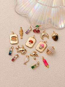 1pc Fashionable & Exquisite Gold-Tone Pig, Cherry Fish, Mushroom Cake Pendant With Cubic Zirconia, Suitable For DIY Necklace, Bracelet, Earring, Bag Chain, Keychain, 18K Gold Plated, Creative Pendant Gift For Wife, Mother, Girlfriend - Multicolor - View 4
