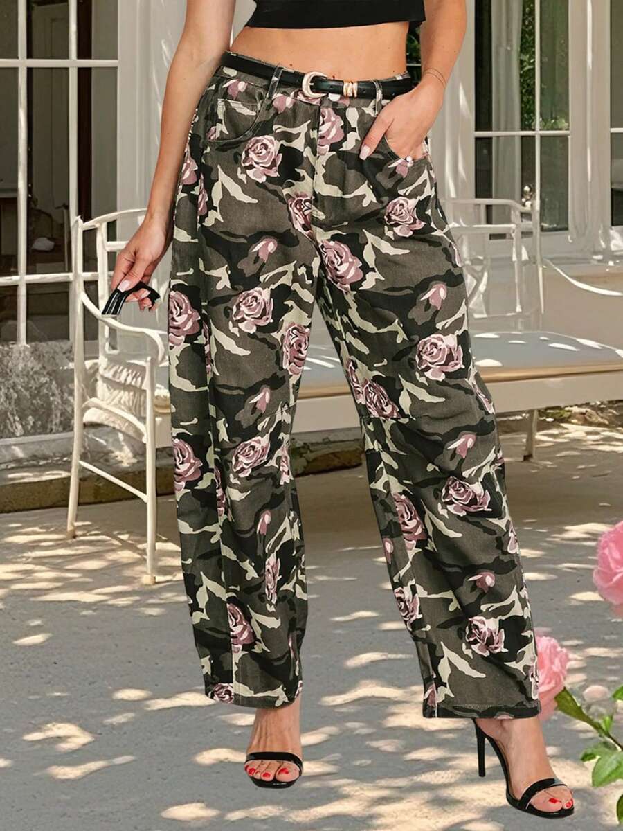 Womens Camo Rose Jeans High Rise Barrel Leg Denim Pants With Pockets Casual Long Trousers For Outdoor Office - 軍綠色 - 查看 1
