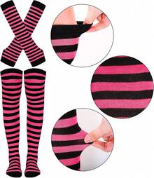 Tongcloud Women's Striped Knee High Socks, Over Knee Thigh High Socks, Arm Warmer And Fingerless Gloves SetHalloween Christmas New Year - 黑色和玫紅色 - 查看 3