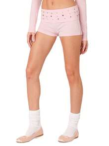Women Y2K Studded Foldover Micro Shorts Vintage Low Waist Slim Fit Mini Shorts Summer Boxer Short Party Clubwear - 粉色 - 查看 1