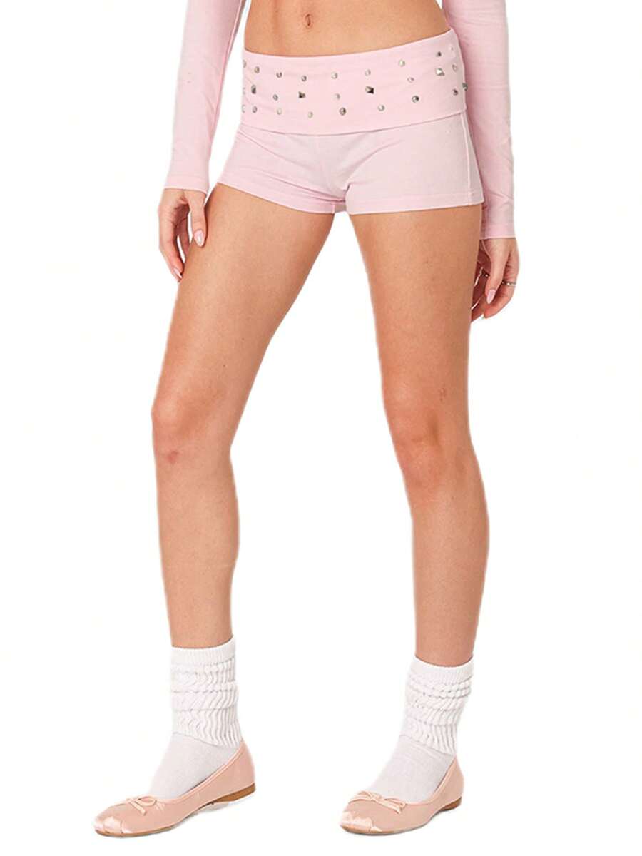 Women Y2K Studded Foldover Micro Shorts Vintage Low Waist Slim Fit Mini Shorts Summer Boxer Short Party Clubwear - 粉色 - 查看 1