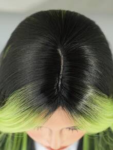 24 Inch Long Wavy Black Green Highlight Wig With Curtain Bangs For Women Heat Resistant Fiber Hairpiece,Natural Synthetic Full Machine Hair Wigs For Daily Music Festival Party Wear, Cosplay Halloween & Street Photography Use - 挑染綠色 - 查看 7