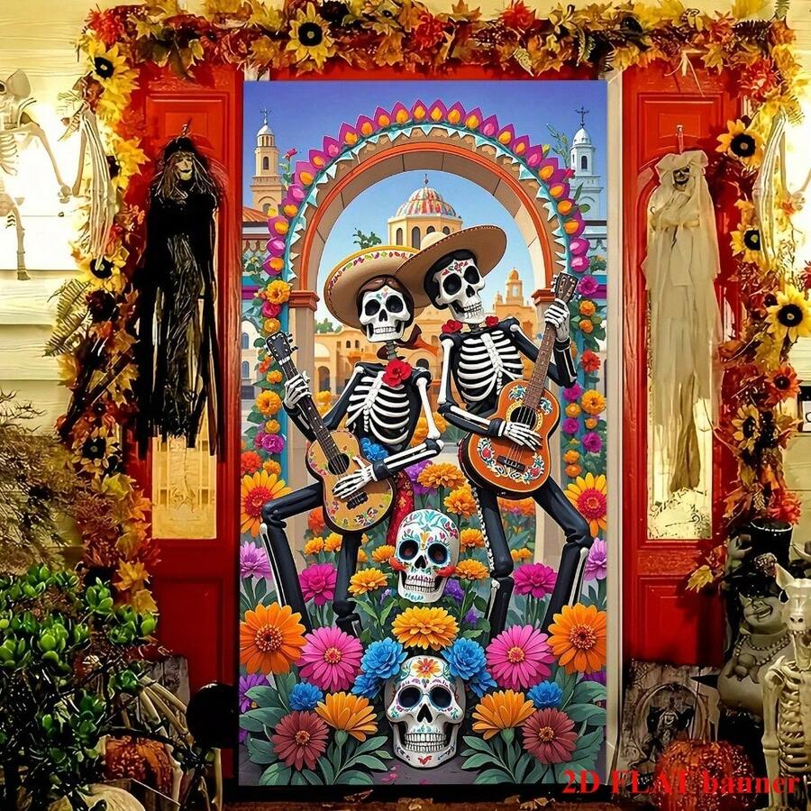 Bandera de tela plana 2D ondulada, diseño de pareja de calaveras con flores, adecuada para decoración de Halloween y Día de los Muertos, uso en interiores/exteriores, sin electricidad requerida, decoración de Halloween