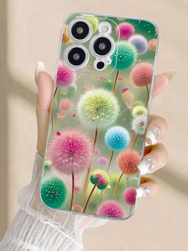 Flower Elements Shockproof Fashion Phone Case 1pc Fashionable Dandelion Print Transparent Painted Anti-Drop Phone Case Compatible With IPhone 16/11/16pro/16plus/16promax/16e/15Promax/13/14/12/XS/XR/7G/8P, Compatible With Samsung Galaxy 11/12Pro/12/12X/13Pro/14Pro/15Pro/X3pro, Compatible With Redmi 10/9/Note9/12c/Note11pro/Note8Pro/9C/9a, Anti-Drop Phone Protective Case, International Version, Not The Domestic Version Spring Gift
