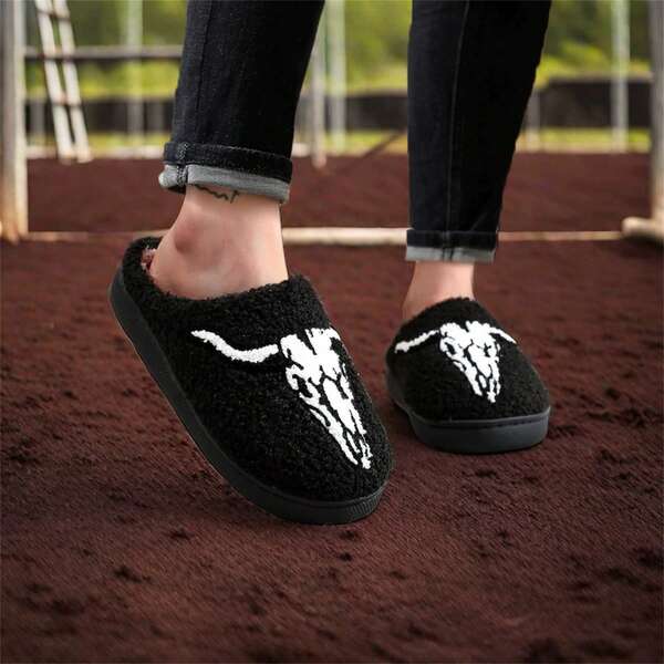 Westlicher Cowboy Knochen Schwarz Hausschuhe, Unisex Cartoon Tier Weihnachten Halloween Lässig Outdoor Indoor Stoff Hausschuhe, geeignet für Lässig, Büro, Zuhause, Gym, Outdoor, Party, Urlaub, Strand, alle Jahreszeiten, Herbst/Winter