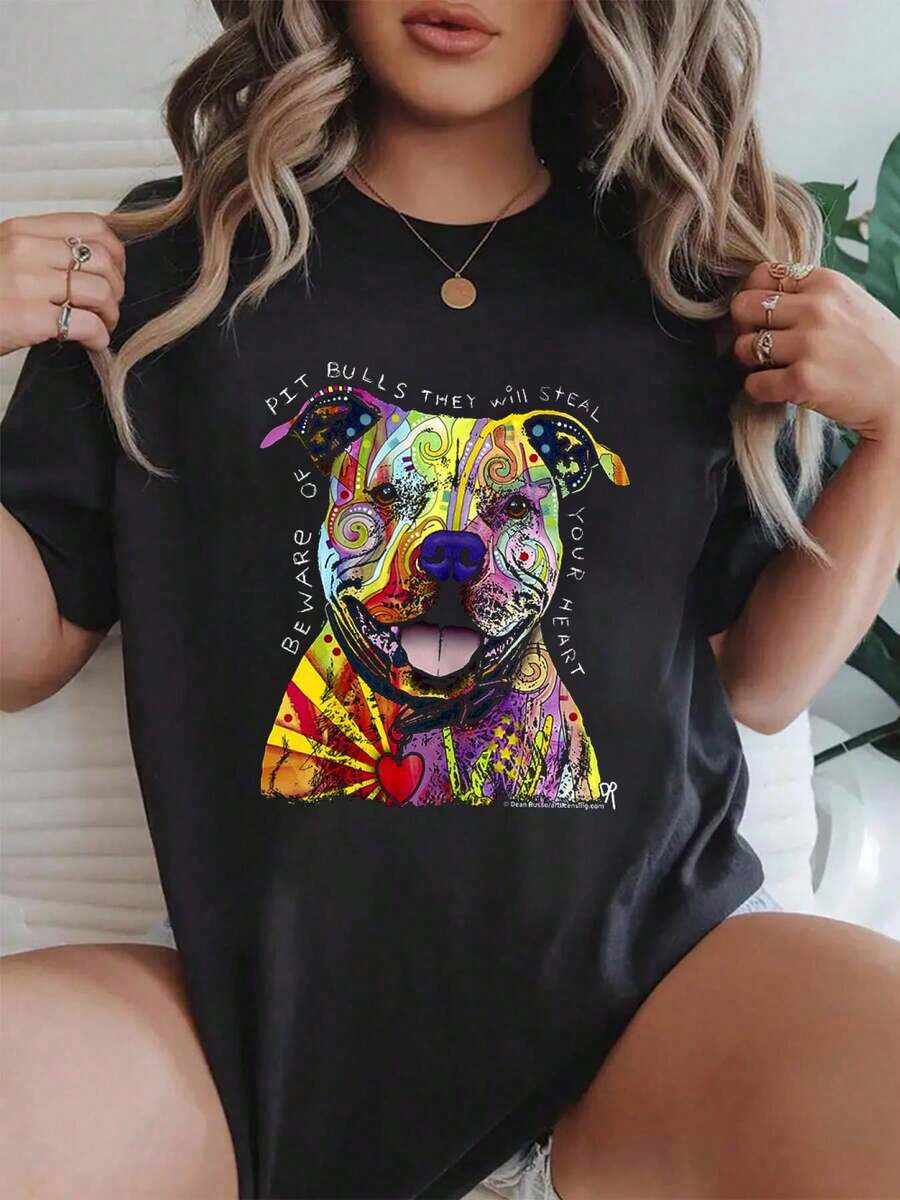 100% Cotton Beware Of Pit Bulls, Dean Russo Pitbull - Dog Lover T-Shirt For Men Women Girls Summer Tops For Women - 黑色 - 查看 1