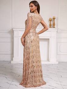 Ladies Sequined Sparkling V-Neck Collar Hand-Threaded Beaded Tassel Slim Fit Waist Long Swing Formal Dinner Party Cocktail Dress