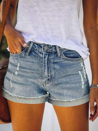 Women's Fashion Casual Pockets Distressed Frayed Hem Denim Shorts