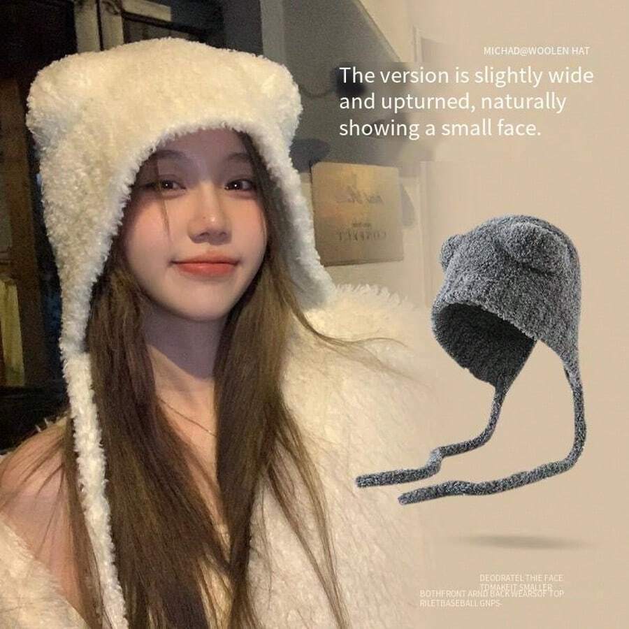 1pc Women's Cute Bear Ear Warm Earmuff Trapper Hat, Knitted Thick Fluffy Plush Cap For Autumn/Winter Outdoor Travel Cycling