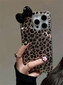 3D 水钻蝴蝶结豹纹防震手机壳适用于 16、15、14、13、12 Pro Max、11、时尚保护后盖防水防摔防刮 - 黑鑽石蝴蝶結 - 查看 3