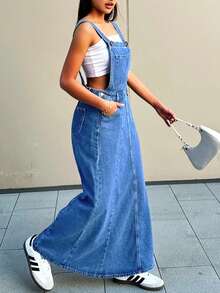 Women's Denim Jumpsuit - Loose Casual Long Sleeved Non Pocket Workwear, Adjustable Tie Waist, Loose Casual Retro Women's Denim Dress - Rửa trung bình - Xem 6