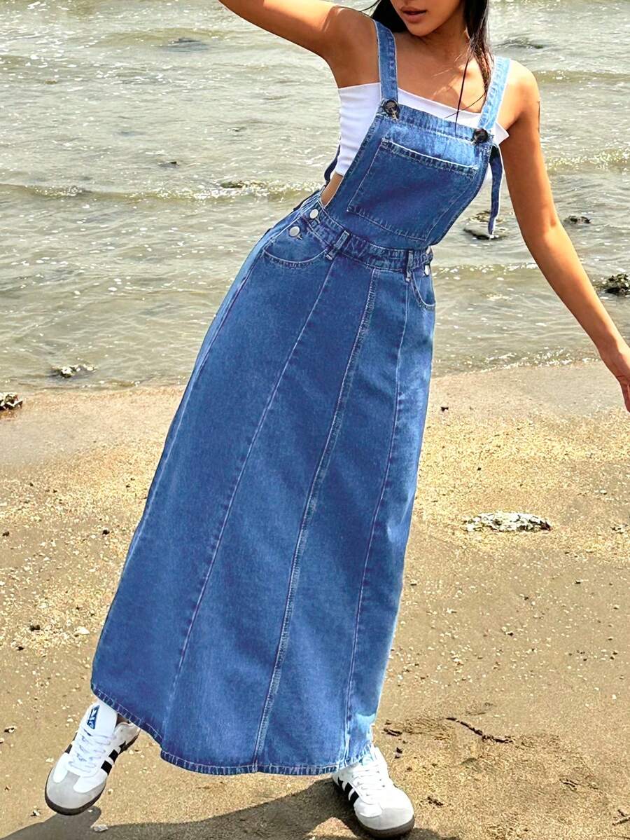 Women's Denim Jumpsuit - Loose Casual Long Sleeved Non Pocket Workwear, Adjustable Tie Waist, Loose Casual Retro Women's Denim Dress - Rửa trung bình - Xem 1