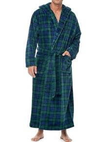 Mens Robe With Hood, Plush Fleece Hooded Mens Bathrobe, Big And Tall Bath Robe For Menhalloween - Black Watch Tartan Plaid - View 11