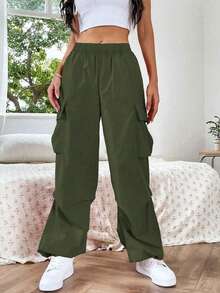 1pc Teen Girls Loose Versatile Flap Pocket Side Drawstring Outdoor Cargo Pants Spring Summer Autumn Winter Back To School - Army Green - View 2