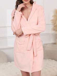 1pc Women's Solid Color Ribbed Robe, Minimalist Belted Sleepwear Bathrobe, Spring/Autumn/Winter, Fall - Pink - View 5