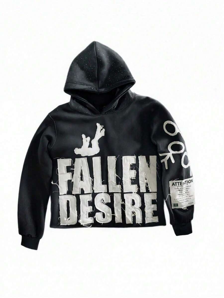 Women's Y2K Hoodie - Bold "Fallen Desire" Lettering, Stylish And Casual Sweatshirt, Embroidered Hoodie - 黑色 - 查看 1