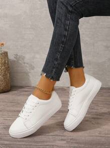 1双女士平底圆头纯色时尚休闲运动鞋，透气舒适，低帮系带跑步鞋，条纹设计，四季皆宜，黑/白，多种颜色可选 - 白色 - 查看 4