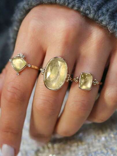 3 Pieces Of Bohemian Alloy Imitation Moonstone Gold Women's Rings, Suitable For Daily Shopping And Gifts