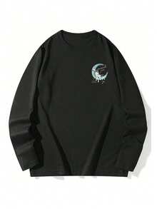 Women's Moon Pattern Print Long Sleeve Round Neck T-Shirt, Casual Loose Fit Versatile Black Top, Autumn - Black - View 5