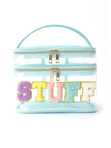 1 pièce Sac de maquillage minimaliste de couleur unie, imprimé de lettres en chenille, organisateur de voyage et de dortoir pour femmes, grande capacité, imperméable et portable, excellent cadeau pour maman, accessoire de voyage, trousse de maquillage multifonctionnelle pour les fêtes, fournitures scolaires, étui à cosmétiques, organisateur de cosmétiques, cadeau d'hiver pour elle - Multicolore - Voir 24