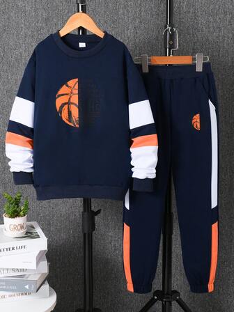 2pcs Boys' Letter & Basketball Print Colorblock Hoodie & Pants Set, Casual Sports Outfit For Autumn/Winter