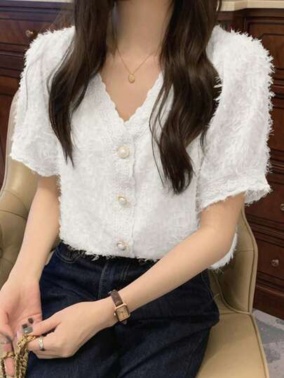 女式优雅纯色蕾丝拼布衬衫，夏季