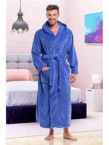 Mens Robe With Hood, Plush Fleece Hooded Mens Bathrobe, Big And Tall Bath Robe For Menhalloween - Sky Blue - View 8