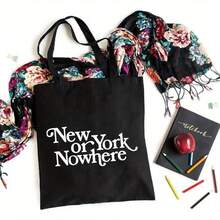 New York Or Nowhere Tote Bag - Large NYC Slogan Design, Reusable Shopping Bag, Durable Beige And Black Unisex Daily Bag, Machine Washable - Perfect Gift For New York City Lovers, Reusable Shopping Bag, Casual Multifunctional Bag, Urban Style, Sturdy Structure, Exclusive For -Friendly Shoppers, Reinforced Handles, -Friendly Buyers - 黑色 - 查看 5