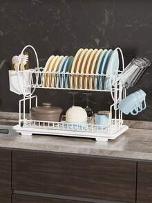 2-Tier Black Kitchen Countertop Dish Drying Rack With Automatic Drainage, Rust-Proof, Utensil Holder & Dish Drying Function, Space-Saving Kitchen Storage Rack, Birthday Decor, New Year & Valentine's Day Gift