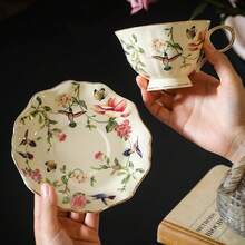 Fanquare Vintage Spring Style Tea Cup And Saucer Set, 8 Oz Porcelain Coffee Cup With Gold Trim, Flower And Bird Teacups For Women And Tea Parties - Bird and Flower - View 7