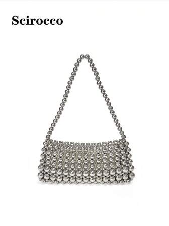 Bolso tote sobredimensionado con adornos de perlas, bolso de hombro y axilar, elegante bolso de perlas