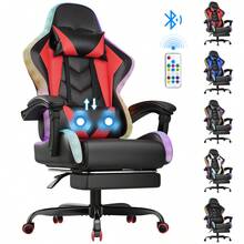 Devoko Gunji Massage Video Game Chair For Adults With Footrest, PU Leather Computer Desk Chair, Adjustable Backrest, High Back Support, Home Office Chair With Headrest And Lumbar Support - 紅色 - 查看 1