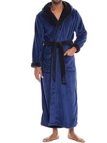 Mens Robe With Hood, Plush Fleece Hooded Mens Bathrobe, Big And Tall Bath Robe For Menhalloween - Navy Blue With Black - View 1