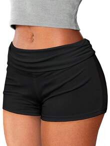 Women Fold Over Micro Booty Shorts Low Rise Sleep Lounge Pajama Shorts - Black - View 2