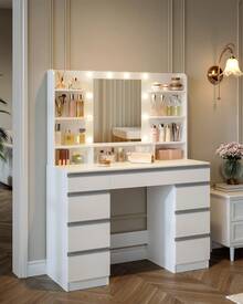 HEXCELEN Large Dressing Table With LED Lighting, 10 LED Light Balls, 3 Colors, Adjustable Brightness, Dressing Table With Mirror, 9 Drawers, 9 Open Shelves, Modern Style, White-Silver - Phích cắm loại C của EU (220-240V) - Xem 2