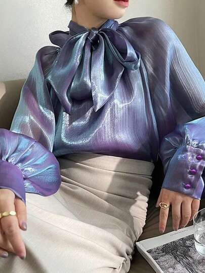 プラスサイズ レディース エレガントパフスリーブ ハイネック トップス、長袖 ヴィンテージ襟 リボン ブラウス スプリング