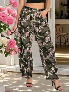 Womens Camo Rose Jeans High Rise Barrel Leg Denim Pants With Pockets Casual Long Trousers For Outdoor Office - 軍綠色 - 查看 3