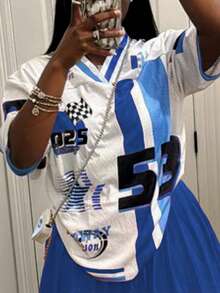 Camiseta holgada de manga corta con estampado de viento deportivo casual de primavera y verano para mujer - Azul - Ver 2