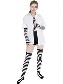 Tongcloud Women's Striped Knee High Socks, Over Knee Thigh High Socks, Arm Warmer And Fingerless Gloves SetHalloween Christmas New Year - 黑與白 - 查看 5