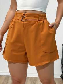 Short mujer corto elástico cintura hebilla bolsillos a la cintura holgados casual sexy calor verano - Naranja Coral - Ver 2