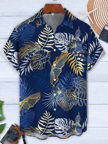 Áo sơ mi tay ngắn in họa tiết hoa và cây nhiệt đới Hawaii cỡ lớn cho nam có túi cài nút - Xanh đậm - Xem 3