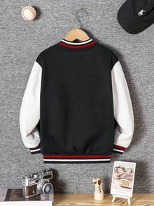 Young Boy Casual Stylish Letter Embroidery & Print Contrast Color Collar & Cuff Long Sleeve Hoodie Sweatshirt - màu đen - Xem 2